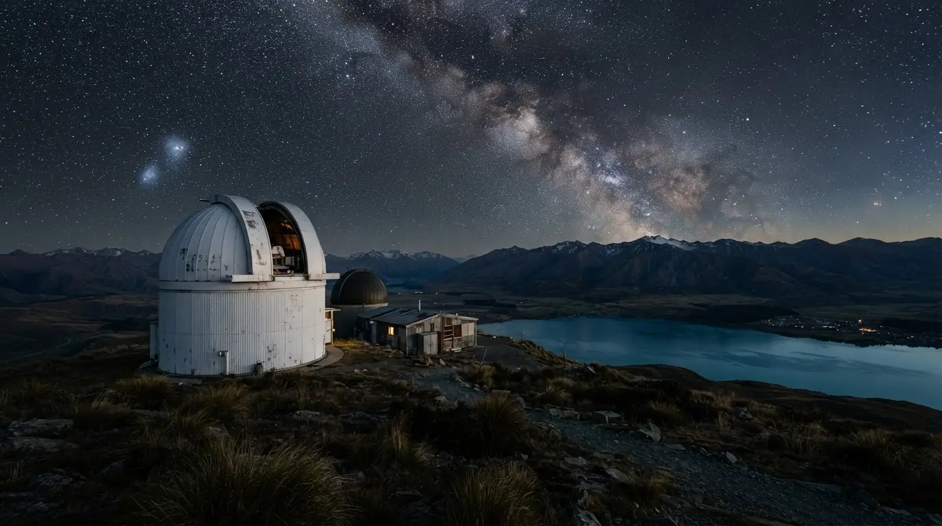 Mt John Observatory history in one frame: the MOA telescope dome on the summit above Lake Tekapo under a dense Milky Way, Southern Alps dark on the horizon at dusk
