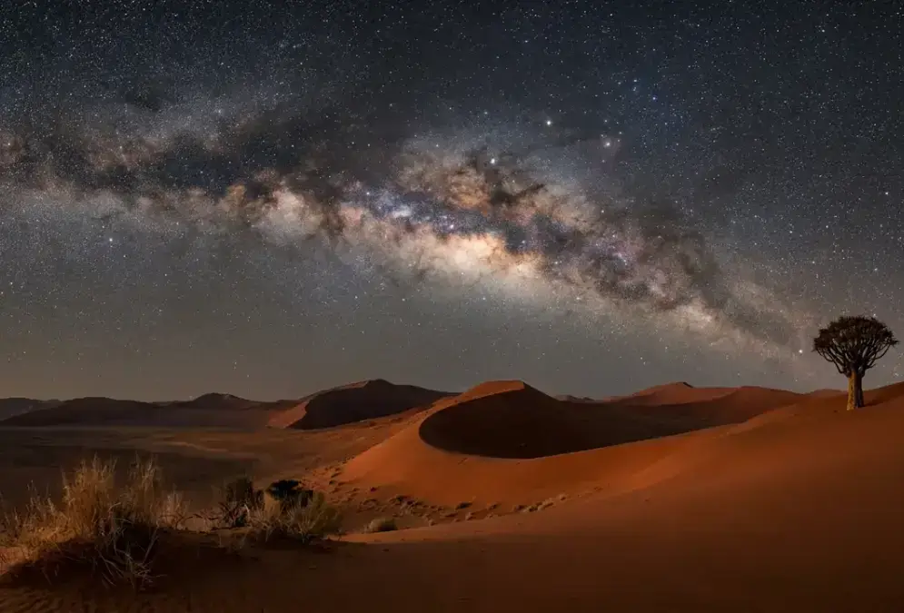 Namib Desert southern sky guide: Milky Way galactic core and Southern Cross arching over red dunes at NamibRand Nature Reserve under a moonless, star-dense sky