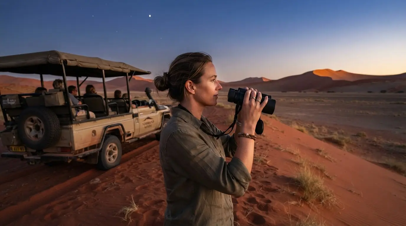 8x42 binoculars held up at dusk beside an open safari vehicle on NamibRand's red dunes, the best binoculars for safari and stargazing in Namibia, with the first stars appearing over a darkening horizon