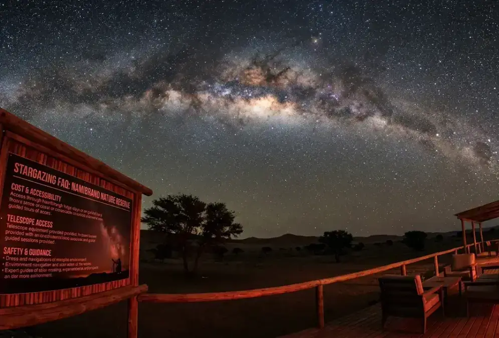 Milky Way arcing over a lodge deck in NamibRand Nature Reserve at night, the dark Namib Desert sky behind every NamibRand stargazing FAQ about cost, safety, and telescope access