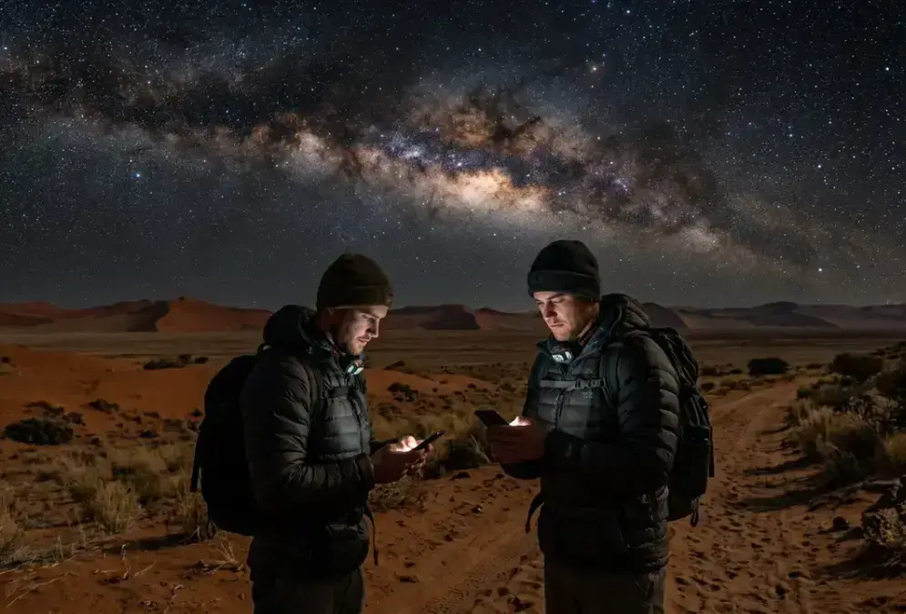 Traveler checking a phone weather app beneath the Milky Way over NamibRand Nature Reserve, planning a NamibRand stargazing forecast around season and moon phase in the Namib Desert