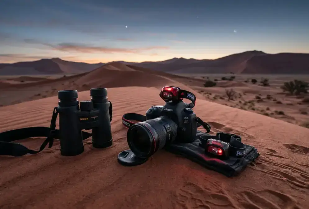 Camera, binoculars, and red-light headlamp arranged on red Namib dune sand at dusk in NamibRand Nature Reserve, essential NamibRand stargazing gear for extreme desert temperature swings and fine sand protection