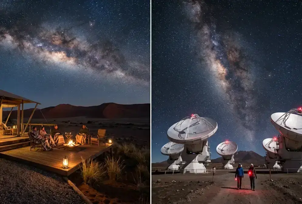 Split-frame comparison for NamibRand vs Atacama stargazing: red dunes and Milky Way above a NamibRand safari lodge deck beside ALMA's radio antennae under Atacama's high-altitude night sky