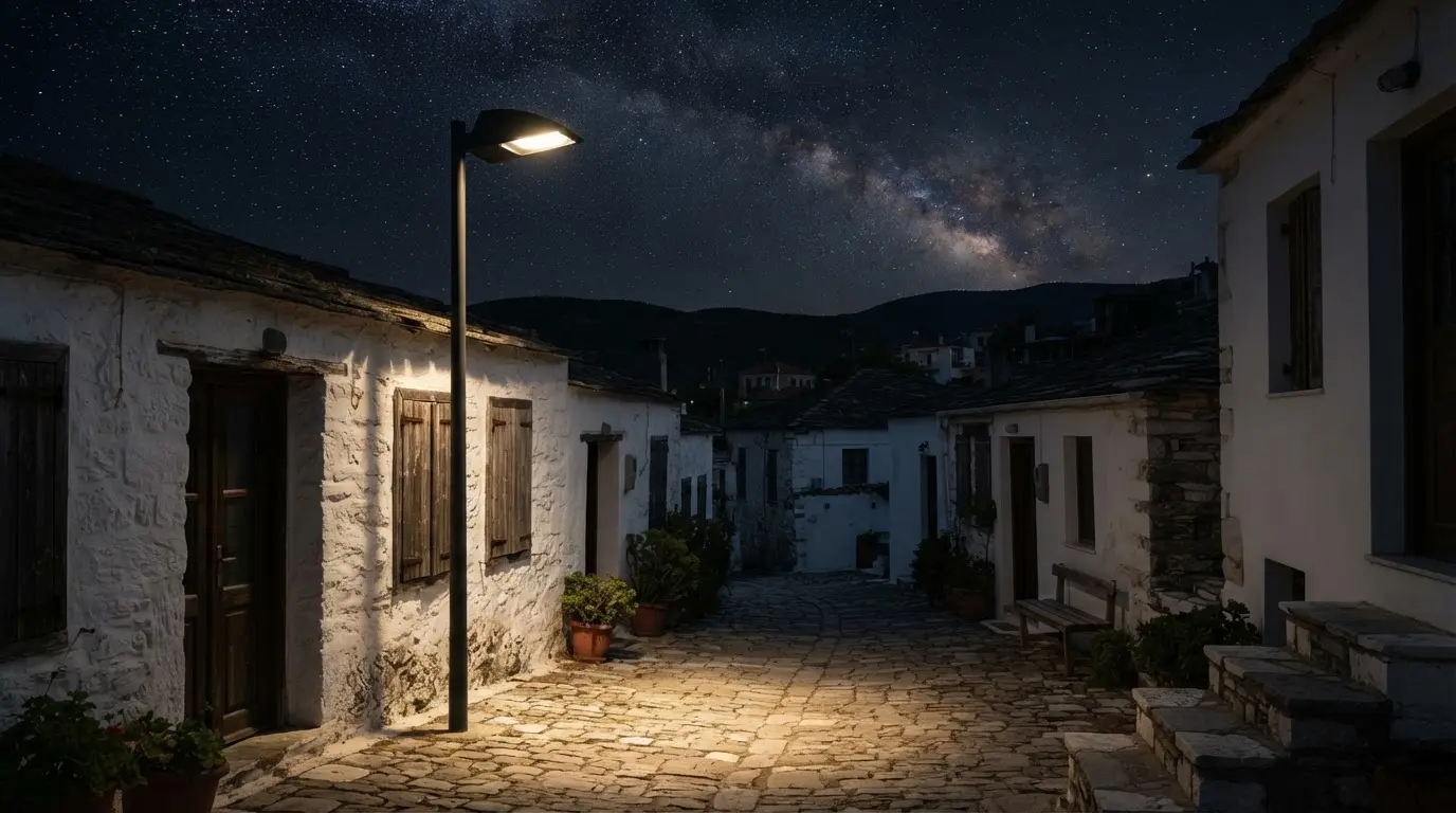 Fully shielded village streetlight casting a downward cone of warm light beneath a clear Milky Way sky, illustrating light pollution laws by country that cap upward light and colour temperature
