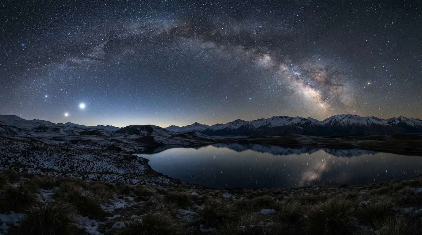 Milky Way over the Mackenzie Basin at night, with snow-capped peaks on the horizon, the setting for Aoraki Mackenzie Maori astronomy and Ngāi Tahu star lore