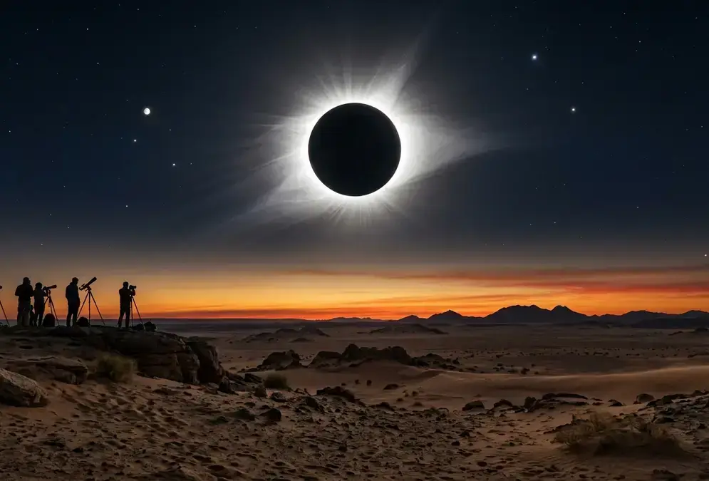 A total solar eclipse's corona blazing over a desert horizon during totality, representing the night sky calendar 2027's centerpiece August 2 eclipse.