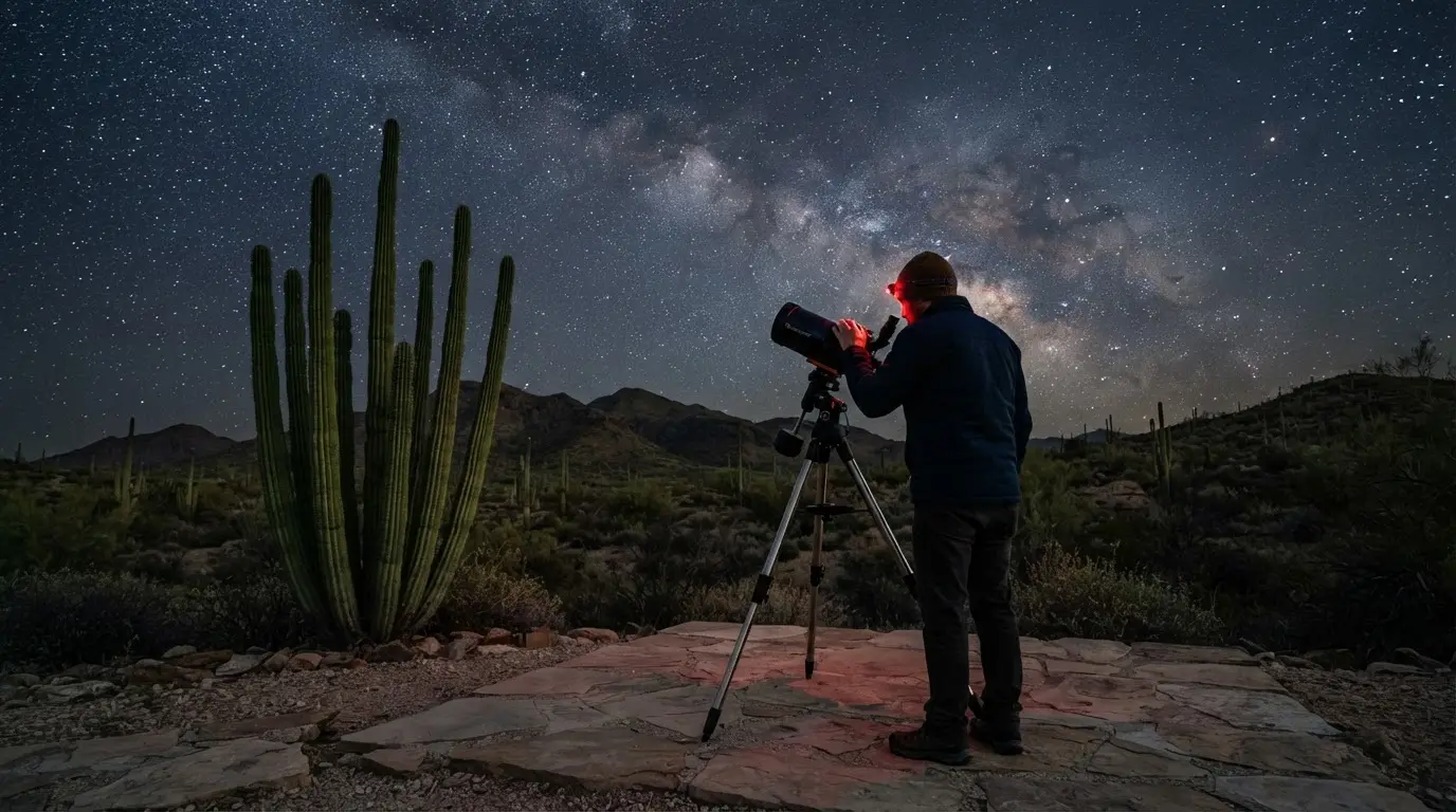 Telescope on a paved viewing pad beside an organ pipe cactus silhouetted against the Milky Way, Organ Pipe Cactus dark sky park in the Sonoran Desert