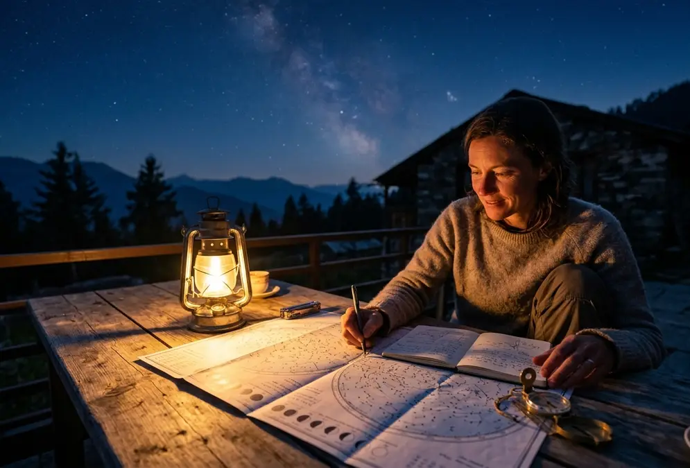 Night-sky trip planner — moon-phase calendar, red torch and star map on a wooden table