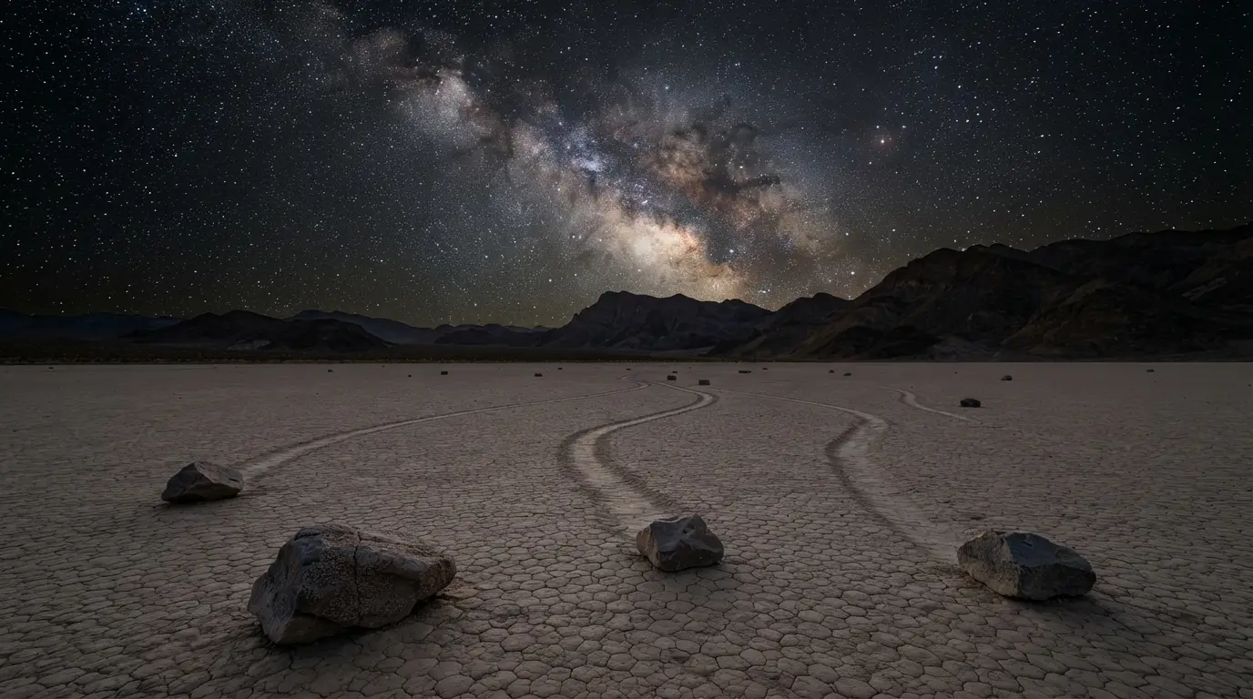 Wide-angle night photo of a sailing stone's long trail across Racetrack Playa in Death Valley leading toward the Milky Way, illustrating racetrack playa death valley stargazing under Bortle Class 1 skies