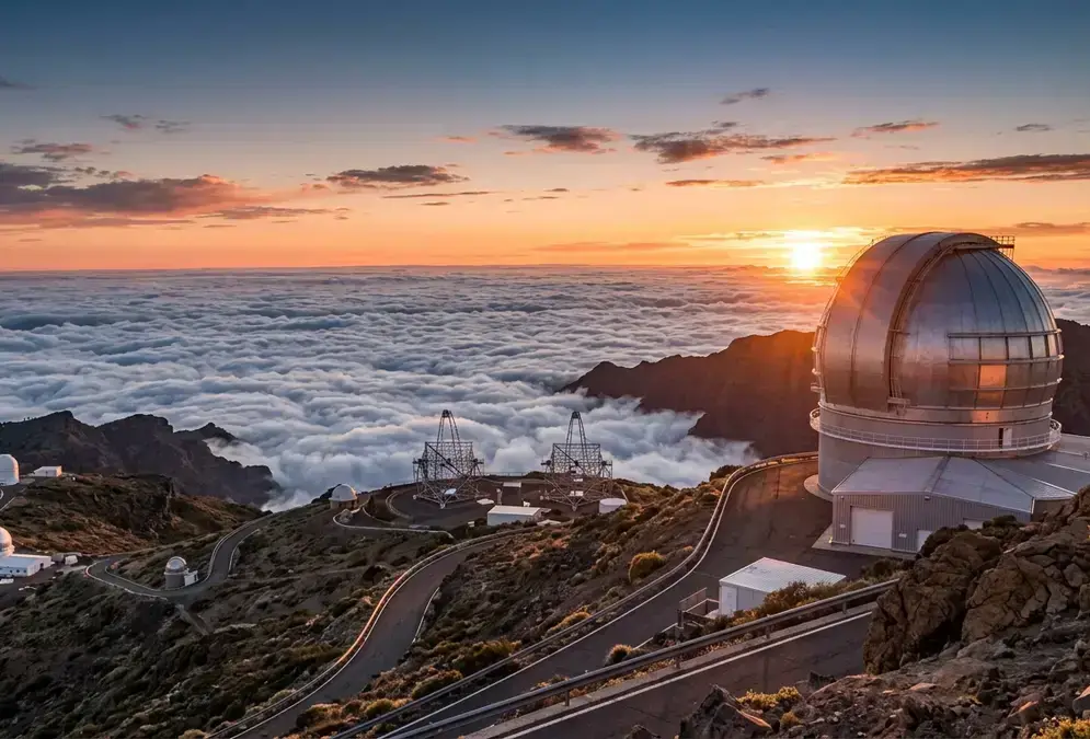 Telescope domes of the Roque de los Muchachos Observatory at sunset on La Palma, the Gran Telescopio Canarias dome catching golden light above a sea of clouds, the MAGIC telescopes' skeletal frames visible in the middle distance under a deepening blue sky