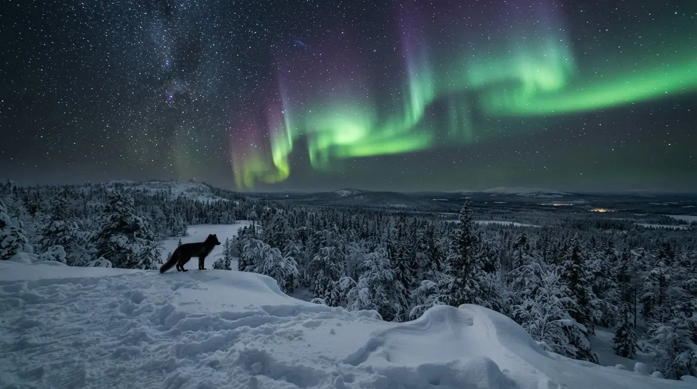 Green and violet aurora borealis rippling over a snow-covered pine forest in Finnish Lapland at night, evoking the Sami legends and Finnish revontulet fire-fox folklore of the northern lights, star-filled Arctic sky