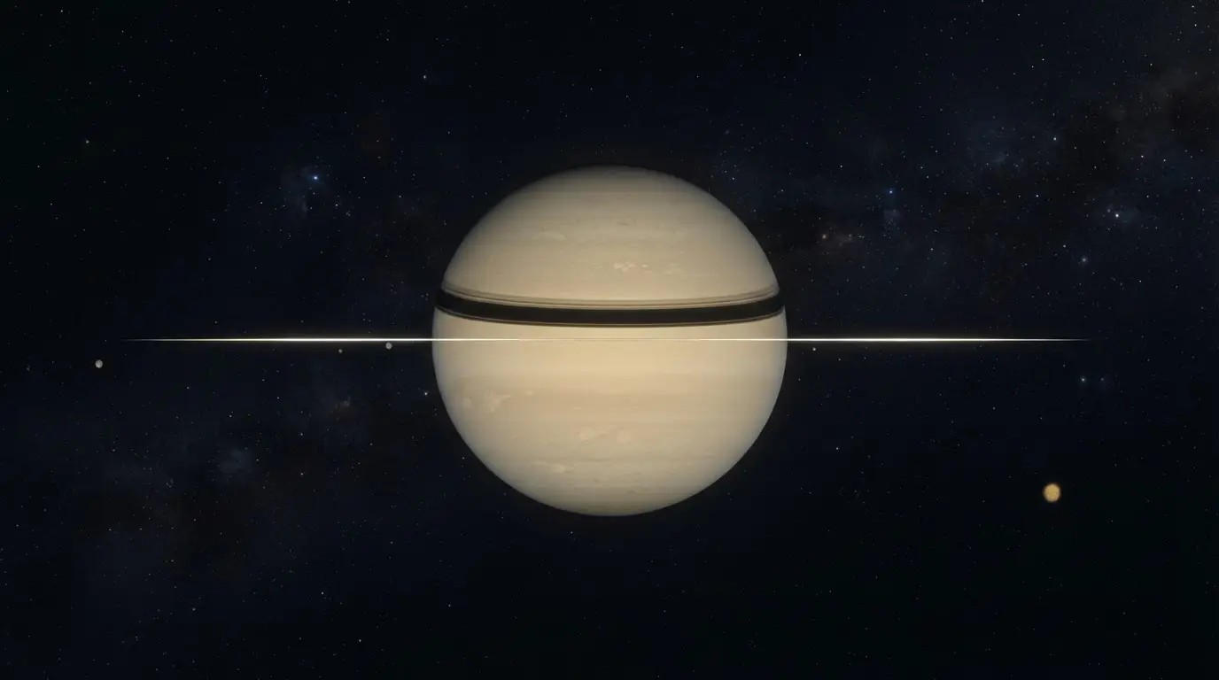 Illustration of Saturn losing its rings from Earth's view: rings seen nearly edge-on as a thin bright line across the pale gold globe against black space, photorealistic