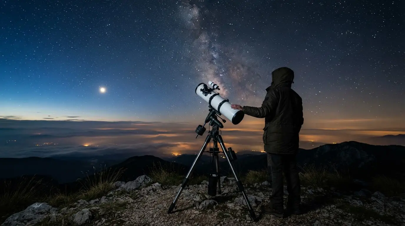 Star field above a mountain observatory dome at dusk, a thin cloud deck far below and the Milky Way rising, illustrating astronomical seeing vs transparency