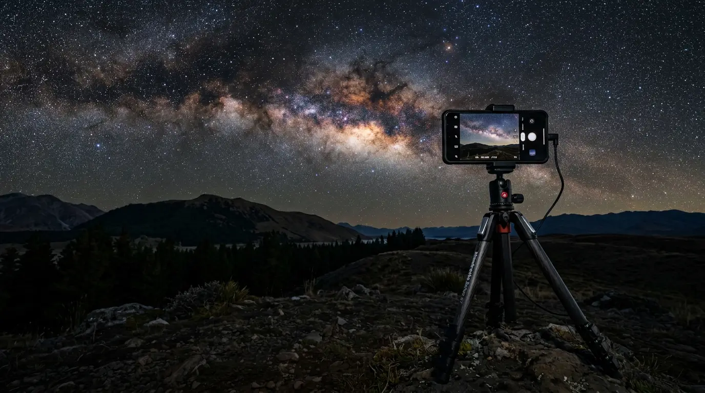 Smartphone mounted on a tripod photographing the Milky Way, the core setup for smartphone astrophotography