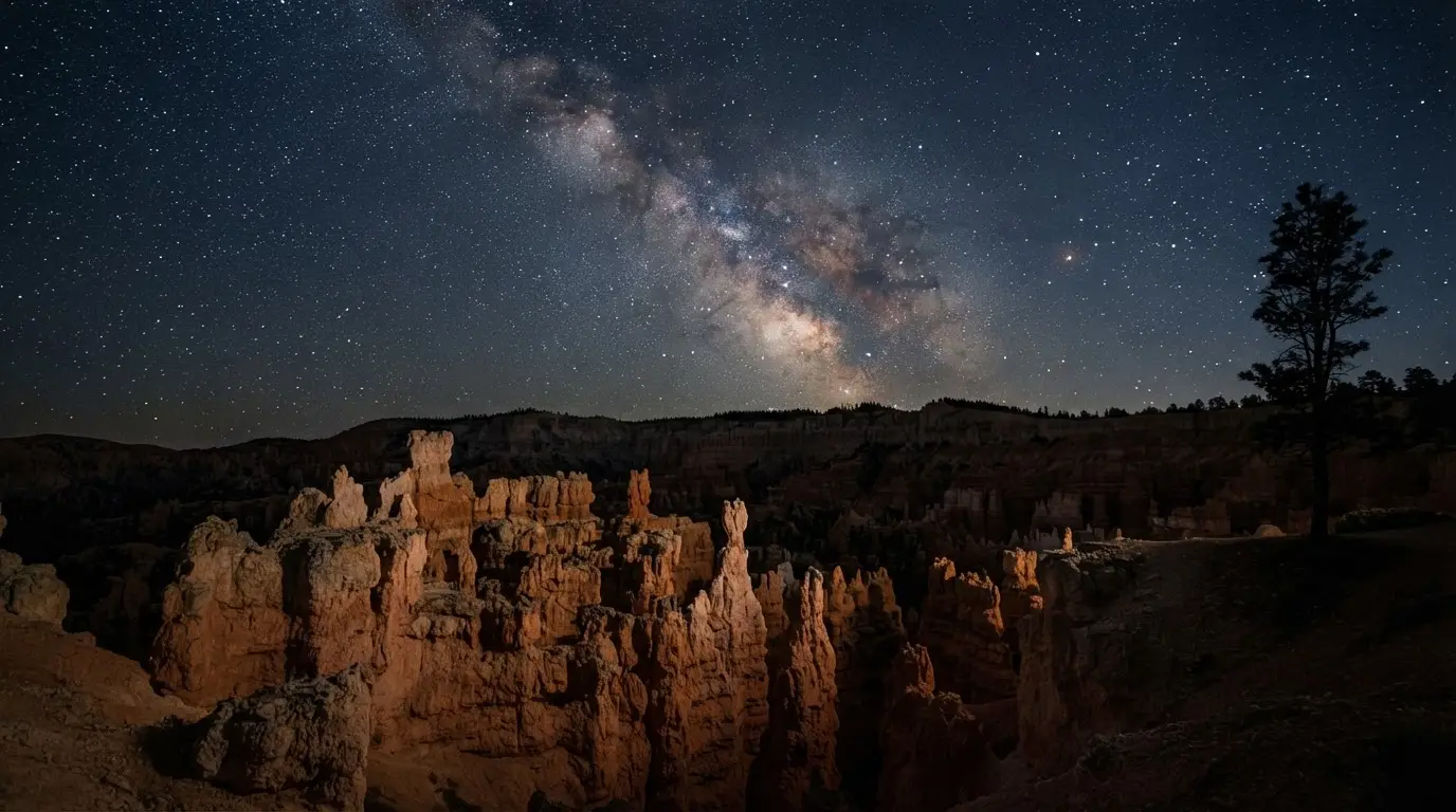 Milky Way arching over the Bryce Canyon hoodoos at night, the sky behind Paiute star lore Bryce Canyon visitors ask about
