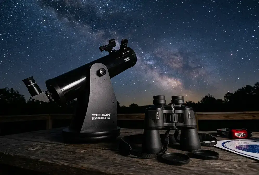 A pair of 10x50 binoculars and a tabletop Dobsonian telescope arranged on a dark table under a star-filled night sky, illustrating essential stargazing gear for beginners