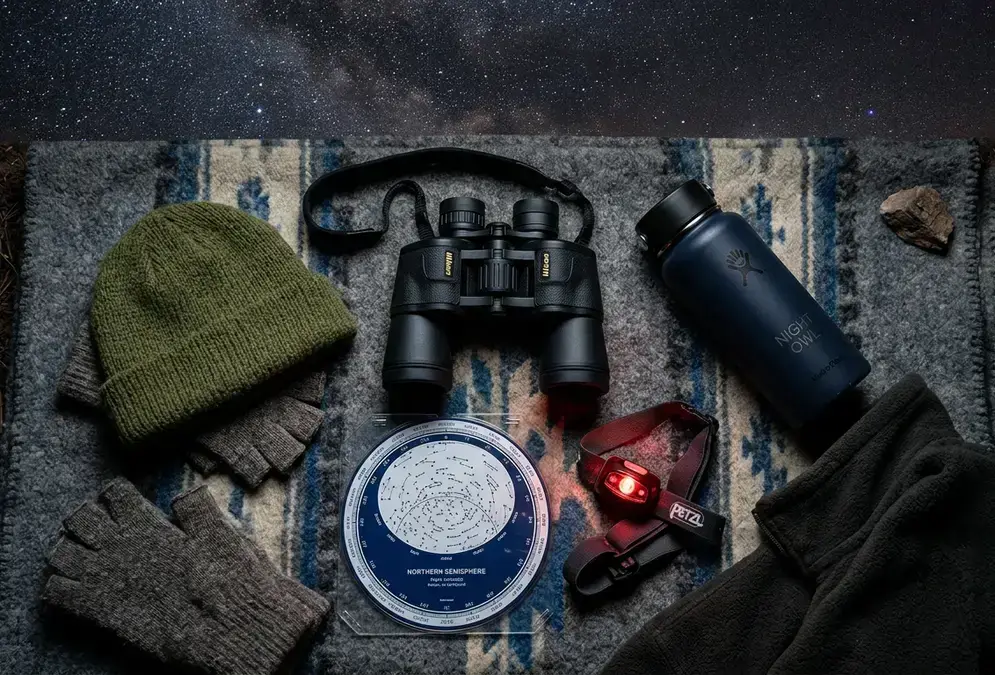 Stargazing packing list flat lay: warm layers, a red-light headlamp, 10x50 binoculars, a thermos, and a planisphere laid out on a blanket under a starry night sky