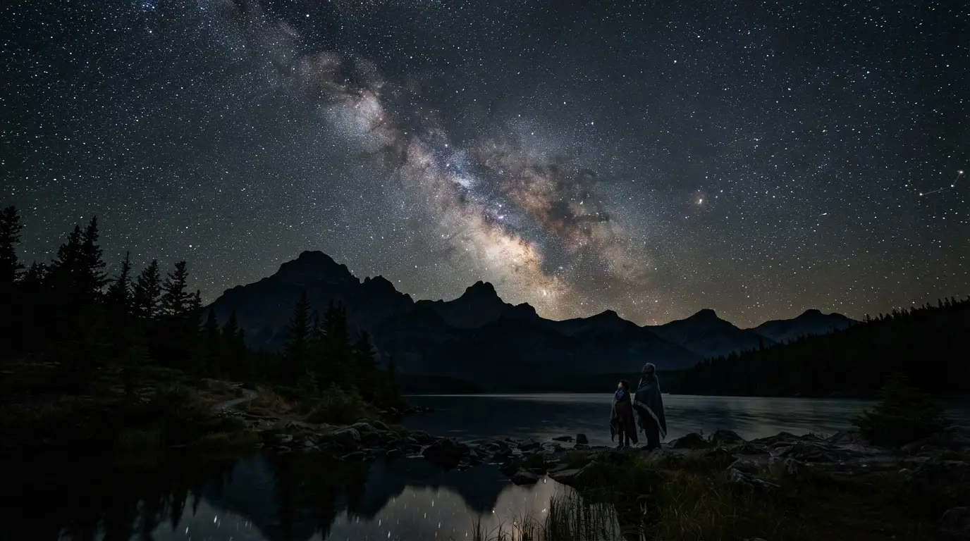 Milky Way and star-filled sky over silhouetted mountain peaks in Jasper National Park's Dark Sky Preserve at night, the protected sky central to indigenous astronomy in Jasper