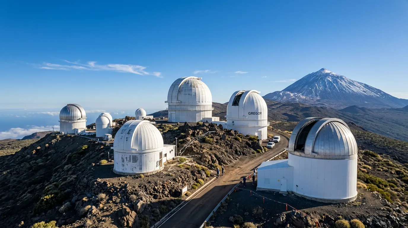 Exterior of the Teide Observatory at Izaña, Tenerife, at golden hour with white telescope domes including the GREGOR solar telescope dome silhouetted against a deep blue sky, the volcanic terrain stretching toward the horizon, Teide Observatory guide for visitors