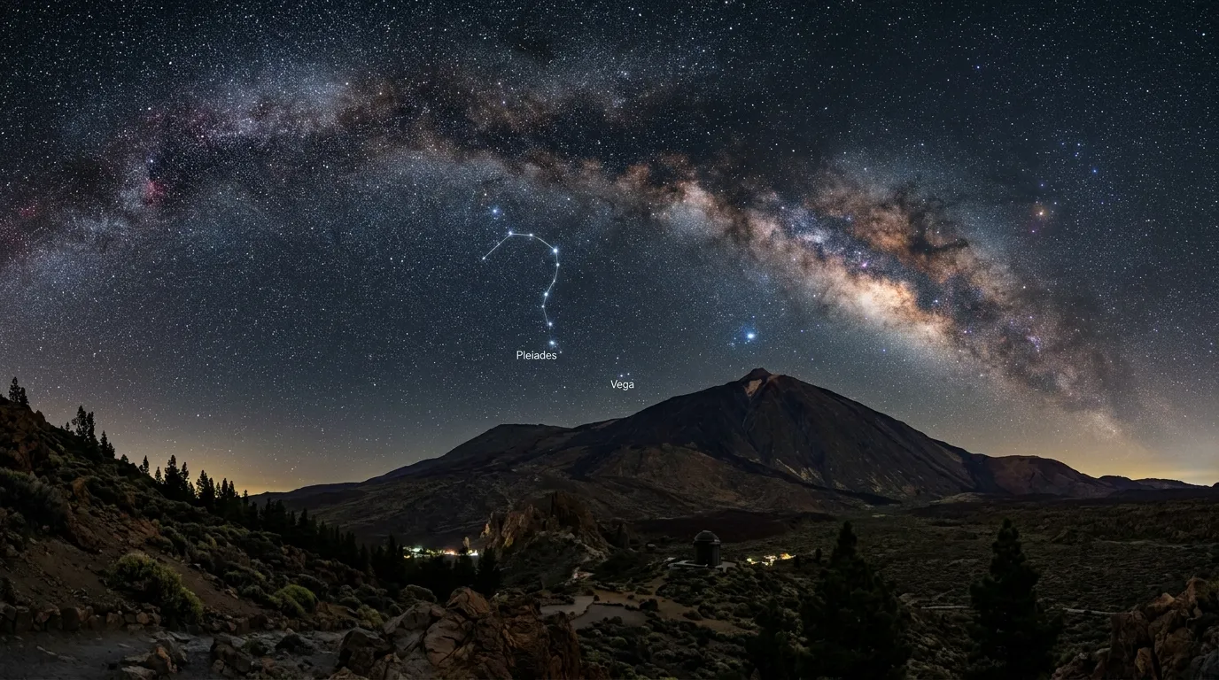 Milky Way galactic core arcing over the Roques de García rock formations in Teide National Park at night, the dark canopy that drives every Tenerife stargazing FAQ from first-time visitors planning a trip