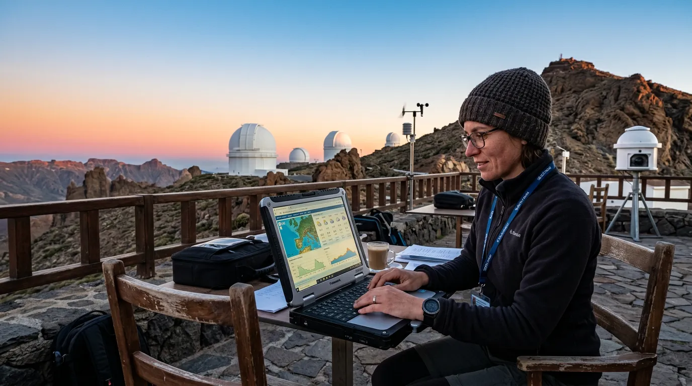 A laptop screen displaying the Clear Outside cloud forecast for Teide at coordinates 28.27, -16.60, with the volcanic caldera visible through a window at dusk, Tenerife stargazing forecast tools on the desk beside a red-light headlamp