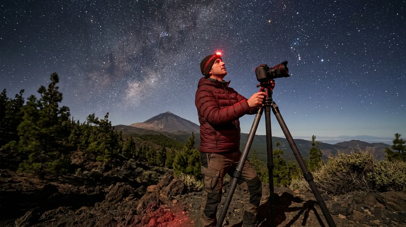 Photorealistic wide-angle night scene on the Teide caldera: a red headlamp, 10x50 binoculars, a mirrorless camera on a travel tripod, a fleece jacket, and a stainless steel thermos laid out on dark volcanic rock under a clear Milky Way sky with the galactic core sharply defined overhead at 2,000 metres altitude. Tenerife stargazing gear essentials for mild-climate nights.