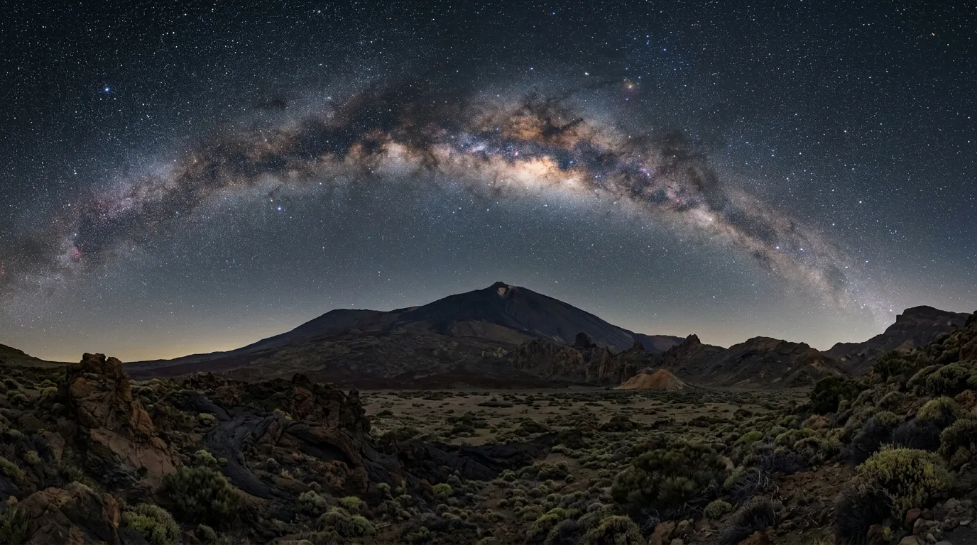 Milky Way arching over Mount Teide volcano at new moon, galactic core visible above the caldera with the sea of clouds below at 2,000 metres, Teide National Park dark sky