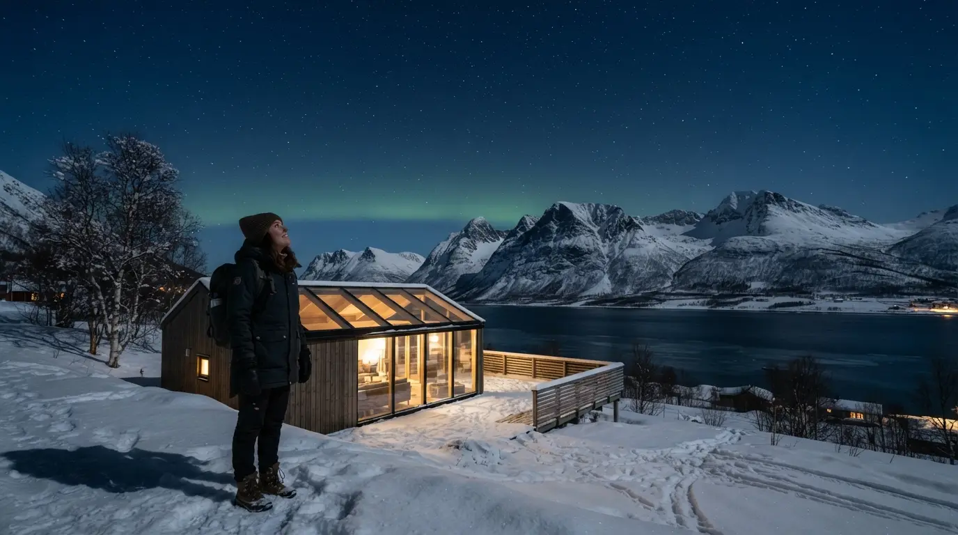 A trip-planning desk in lamplight with a marked map of the Tromsø aurora trip route between the city and Lyngenfjord, a laptop showing a solar-cycle forecast chart, snow visible through the window at dusk
