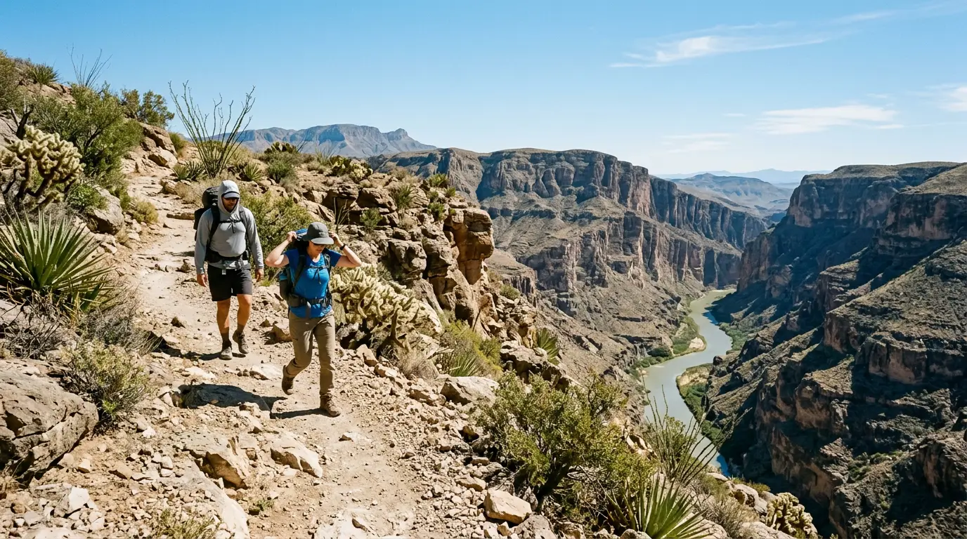 Things to do in Big Bend besides stargazing: hikers on a sunlit desert canyon trail with the Rio Grande and layered rock walls in the midday distance