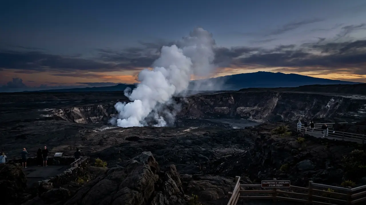 Steam rising from Kīlauea's summit caldera in Hawaiʻi Volcanoes National Park at dusk, one of the essential big island things to do beyond Mauna Kea stargazing, with the darkening sky visible beyond the crater rim