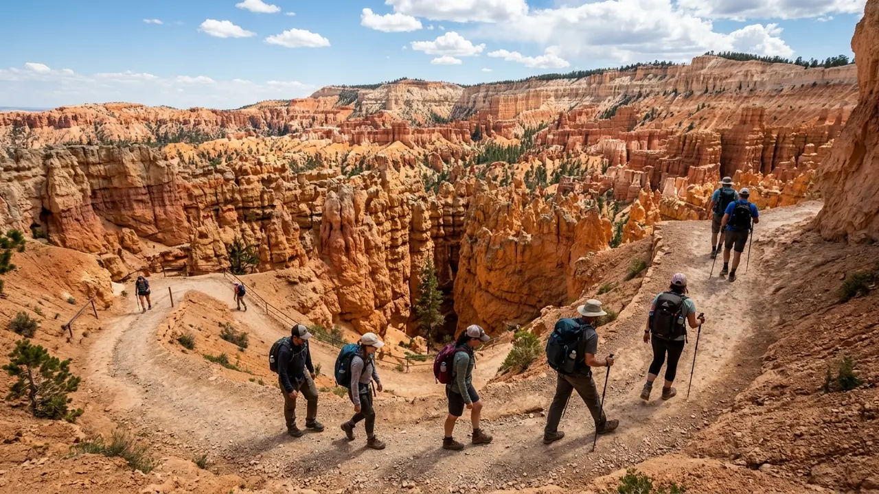 Hikers on a switchback trail among orange hoodoo spires in Bryce Canyon National Park at midday, one of the top things to do in Bryce Canyon beyond stargazing