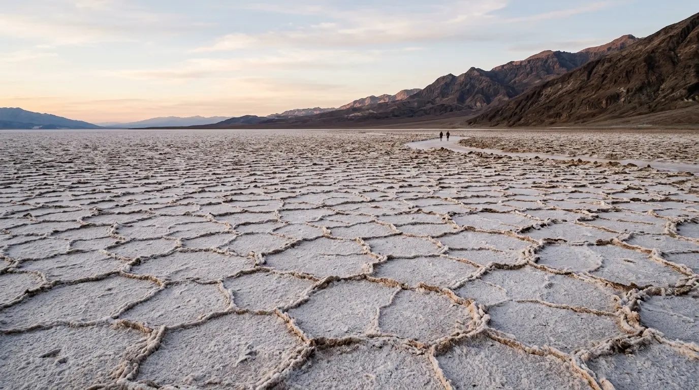 Hexagonal salt crystal patterns stretching across Badwater Basin's white salt flat in Death Valley National Park at sunrise, distant brown mountains rimming the horizon under a pale desert sky, one of the top things to do in Death Valley beyond stargazing