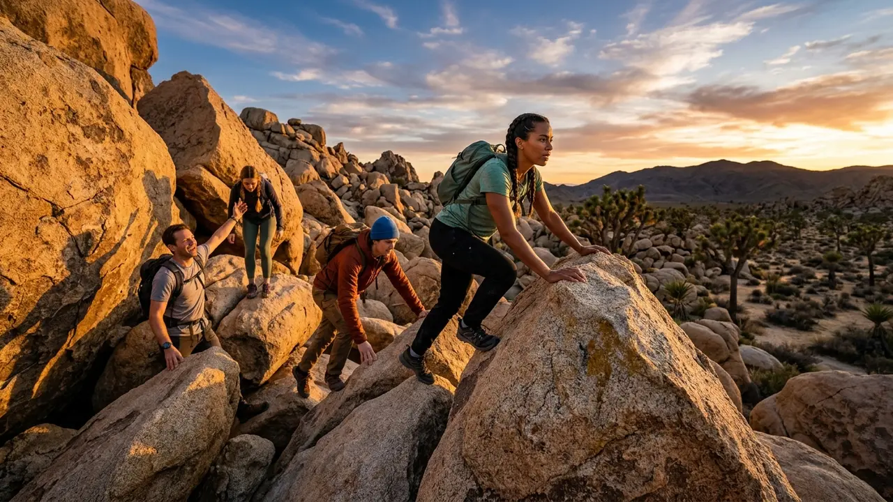 Hikers scrambling over golden monzogranite boulders in Joshua Tree National Park at sunset, one of the top things to do in Joshua Tree beyond stargazing