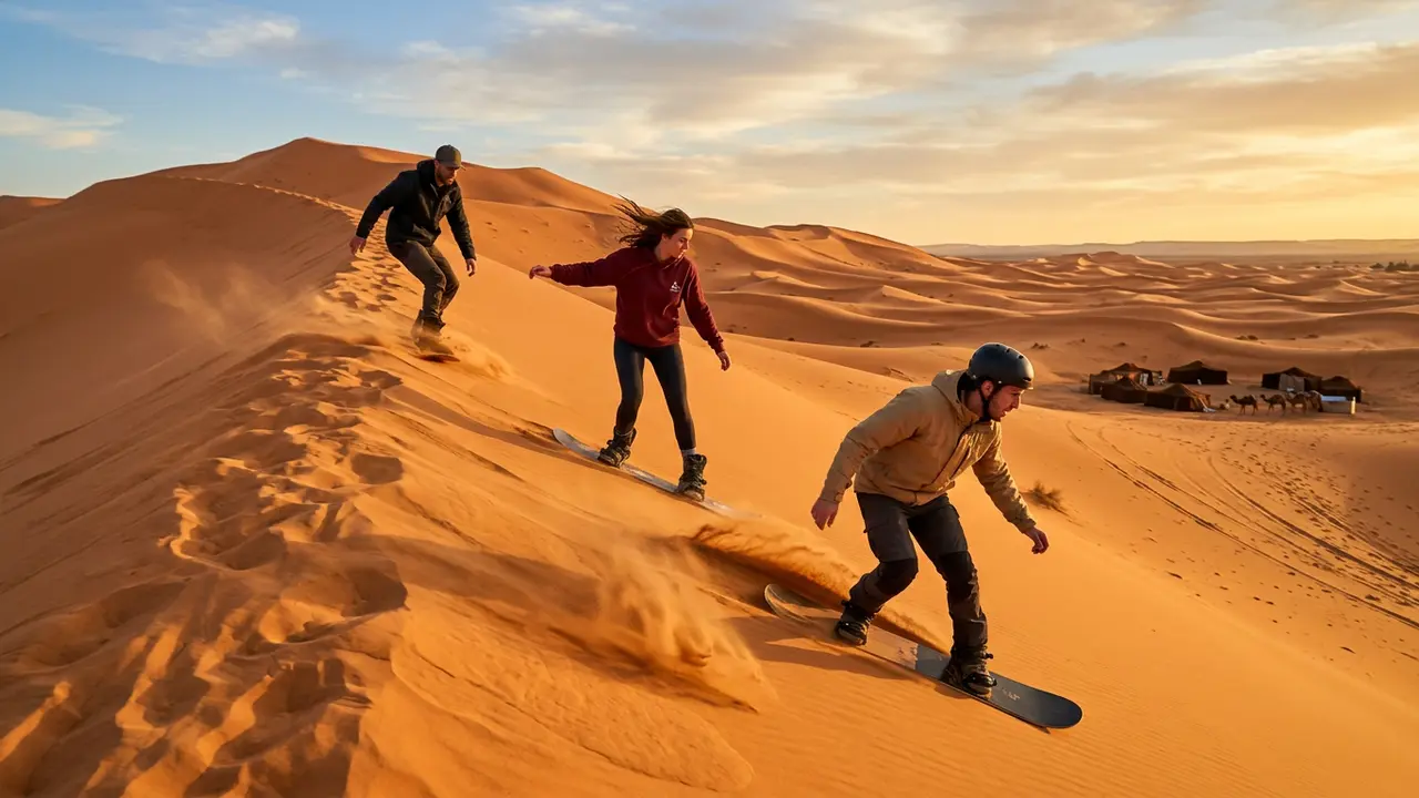 Sandboarders descending an Erg Chebbi dune near Merzouga at golden hour, illustrating things to do in Merzouga beyond stargazing