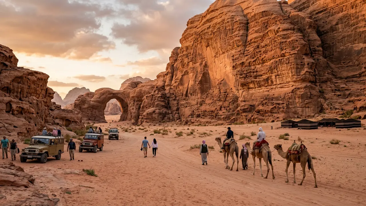 Red sandstone cliffs and valley floor of Wadi Rum, Jordan, seen at golden hour, illustrating things to do in Wadi Rum beyond stargazing