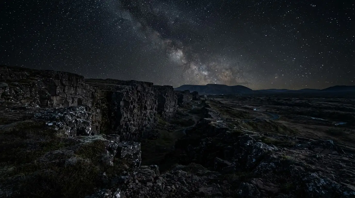 Iceland volcanic landscape dark sky above the Þingvellir rift valley at night