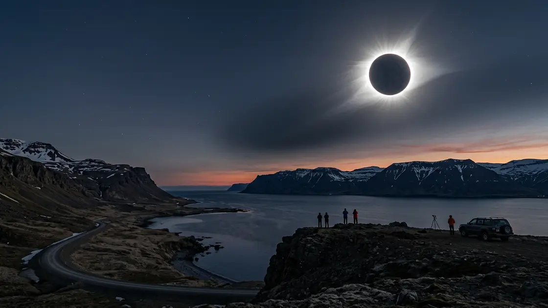 Total solar eclipse corona visible over a dark coastal landscape at dusk, umbral shadow crossing sky above Iceland's Westfjords