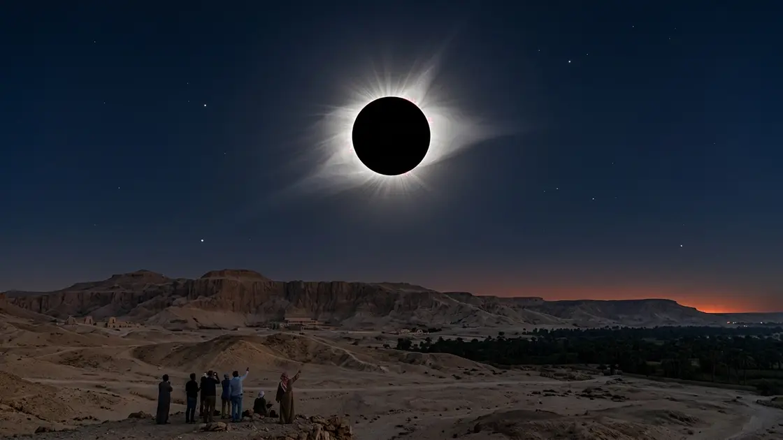 Total solar eclipse corona blazing over a desert horizon during peak totality near Luxor, Egypt, the longest total solar eclipse duration until 2114