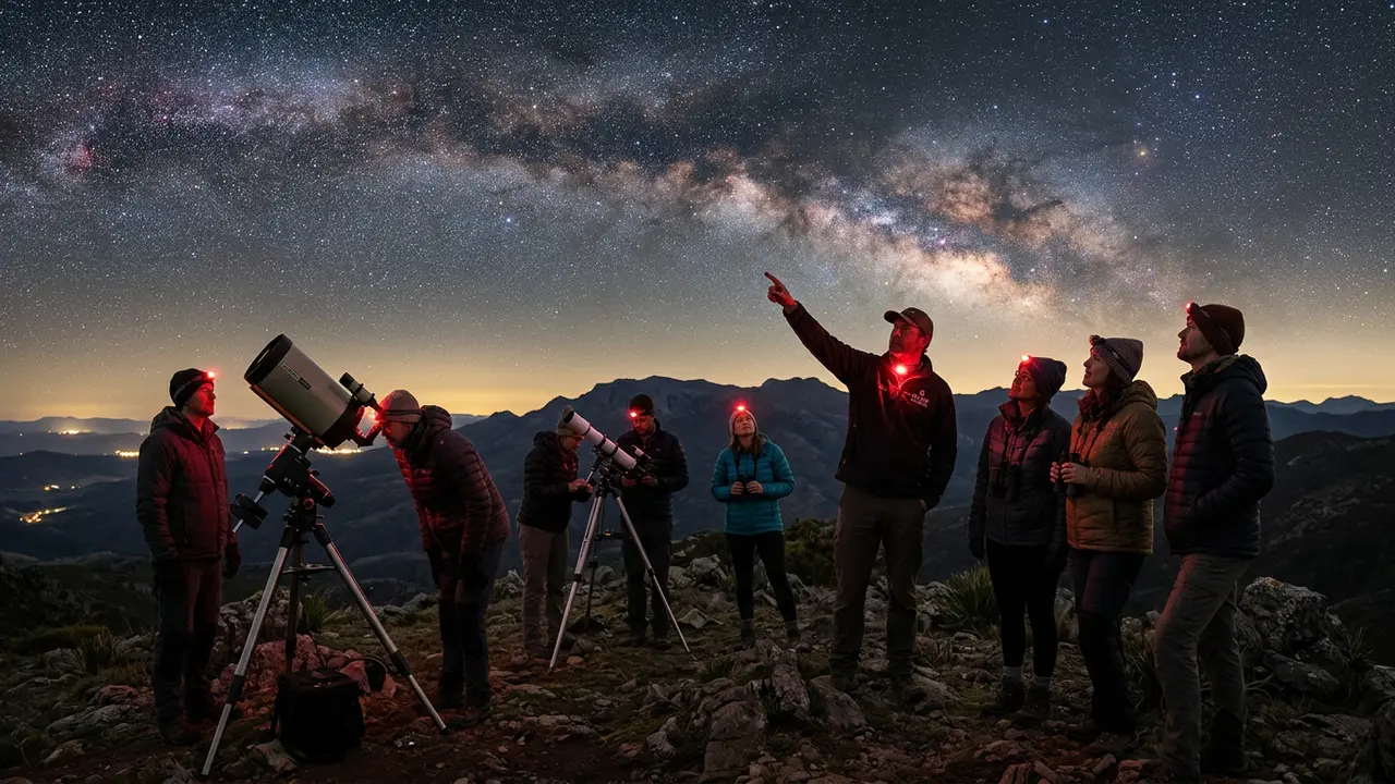 A guide and small group with telescopes under the Milky Way on a guided stargazing tour