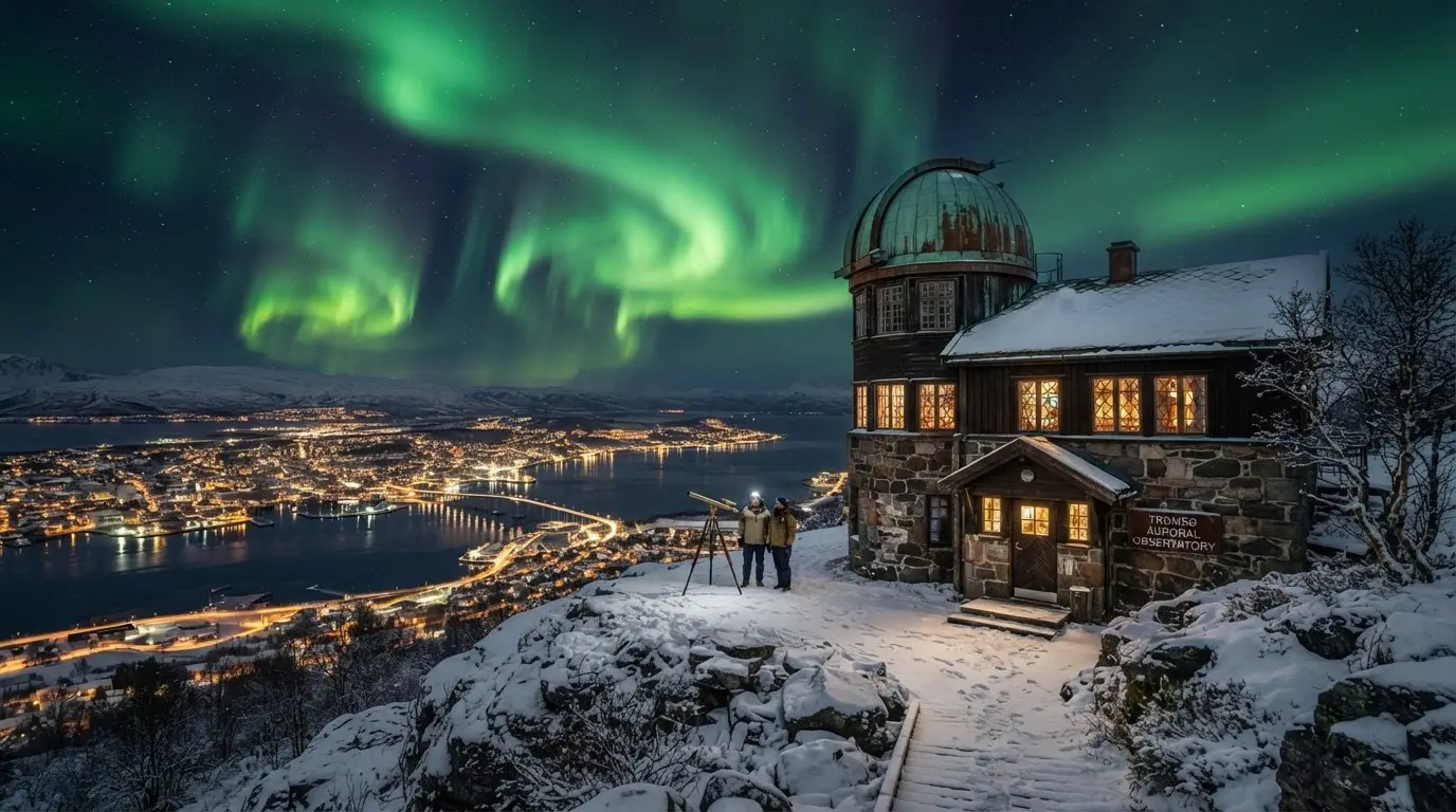 Photorealistic historic Arctic observatory building on a snowy mountainside above Tromsø, Norway, green aurora borealis curtains overhead, illustrating the history of Tromsø's northern lights observatory research