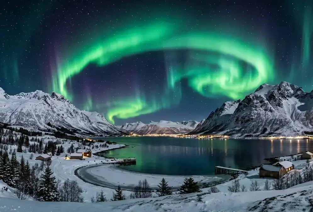 Vivid green northern lights over Tromsø, Norway, arching above a snow-covered fjord with mountain peaks in deep winter darkness