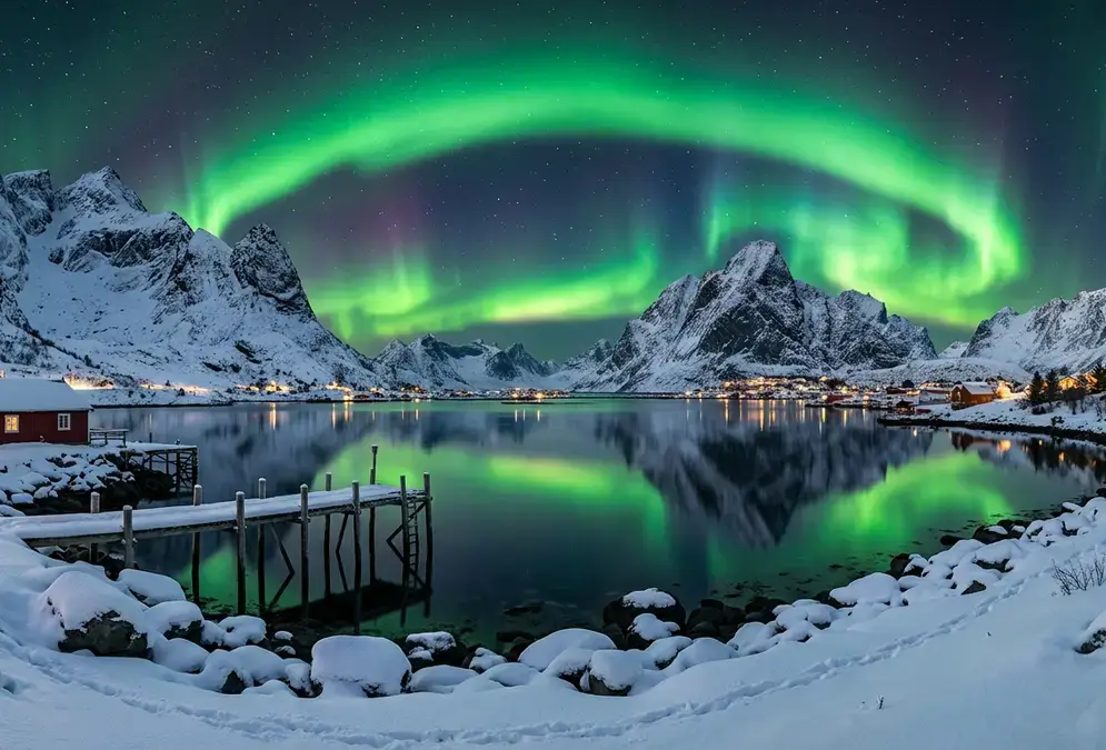 Green aurora borealis arching over a snow-covered fjord near Tromsø, Norway, with mountain silhouettes and calm water reflections during polar night