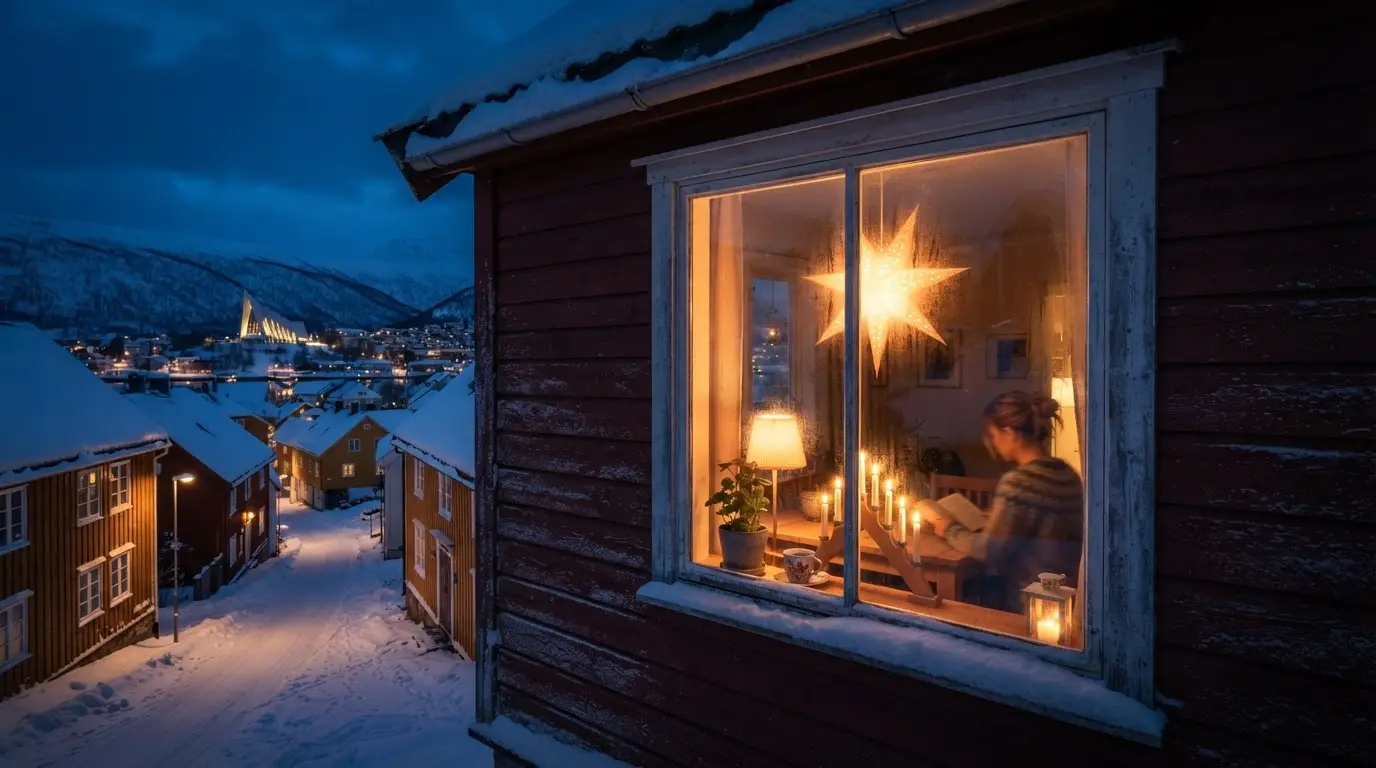 Photorealistic candlelit window scene in Tromsø, Norway during the two-month polar night, warm interior light glowing against deep blue Arctic winter darkness, illustrating how people survive polar night with a wintertime mindset