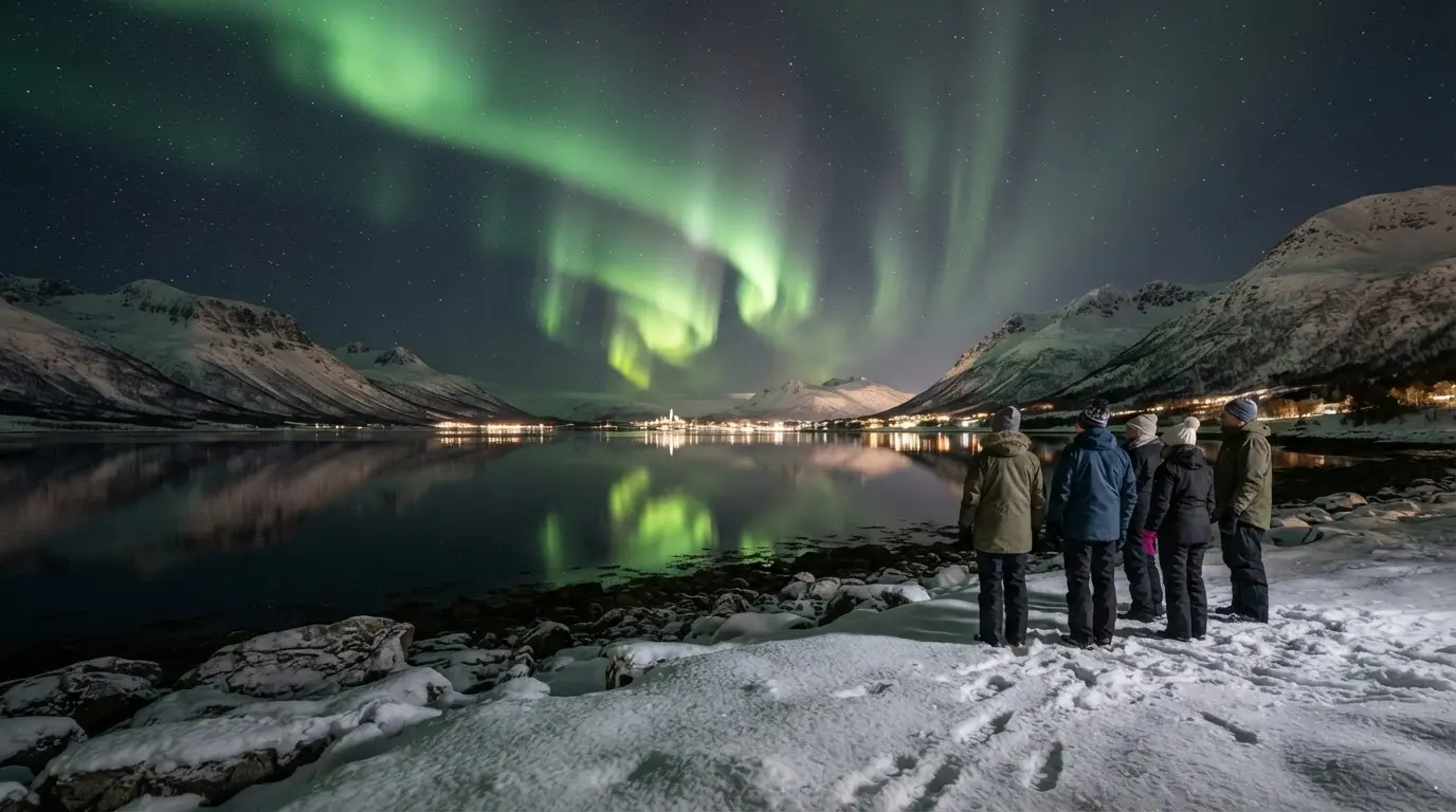 Green aurora over a snowy Tromsø fjord at night, the scene behind the Sami myth northern lights whistle wave warning, a quiet group watching from the shore