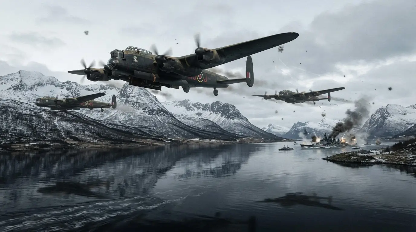 RAF Lancaster bombers flying low over Håkøybotn fjord near Tromsø during the Tirpitz sinking raid, snow-dusted Arctic peaks reflected in dark water under a pale November sky