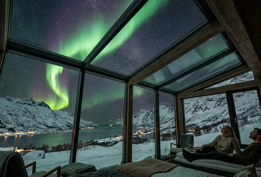 Where to stay in Tromsø for northern lights: glass-ceiling cabin at night with green aurora arching overhead, snow-covered fjord in the distance, Bortle 2 dark sky with stars visible to the horizon
