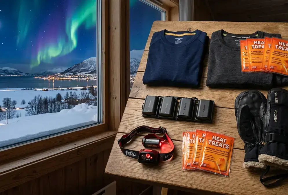 Arctic packing setup for Tromsø winter northern lights hunting: merino base layers, spare camera batteries, a red-light headlamp, chemical hand warmers, and insulated mittens on a wooden surface with snow outside the window, Tromsø winter packing list northern lights