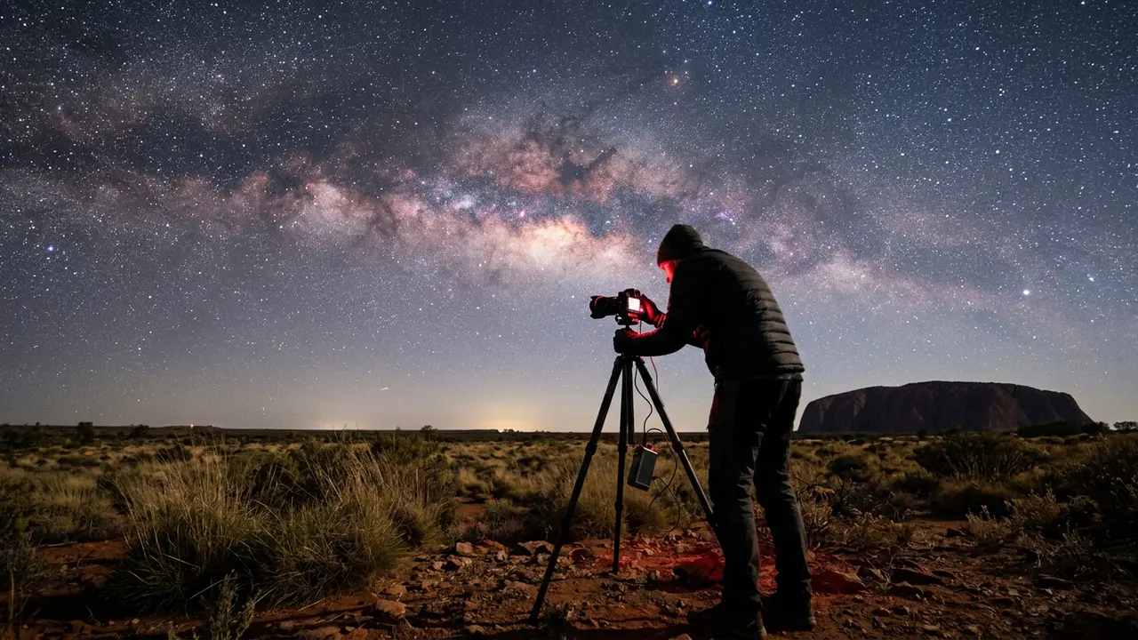 Photographer with Uluru astrophotography gear, camera on a carbon-fibre tripod pointed at the Milky Way's galactic core, Uluru silhouetted on the horizon under a star-filled desert sky