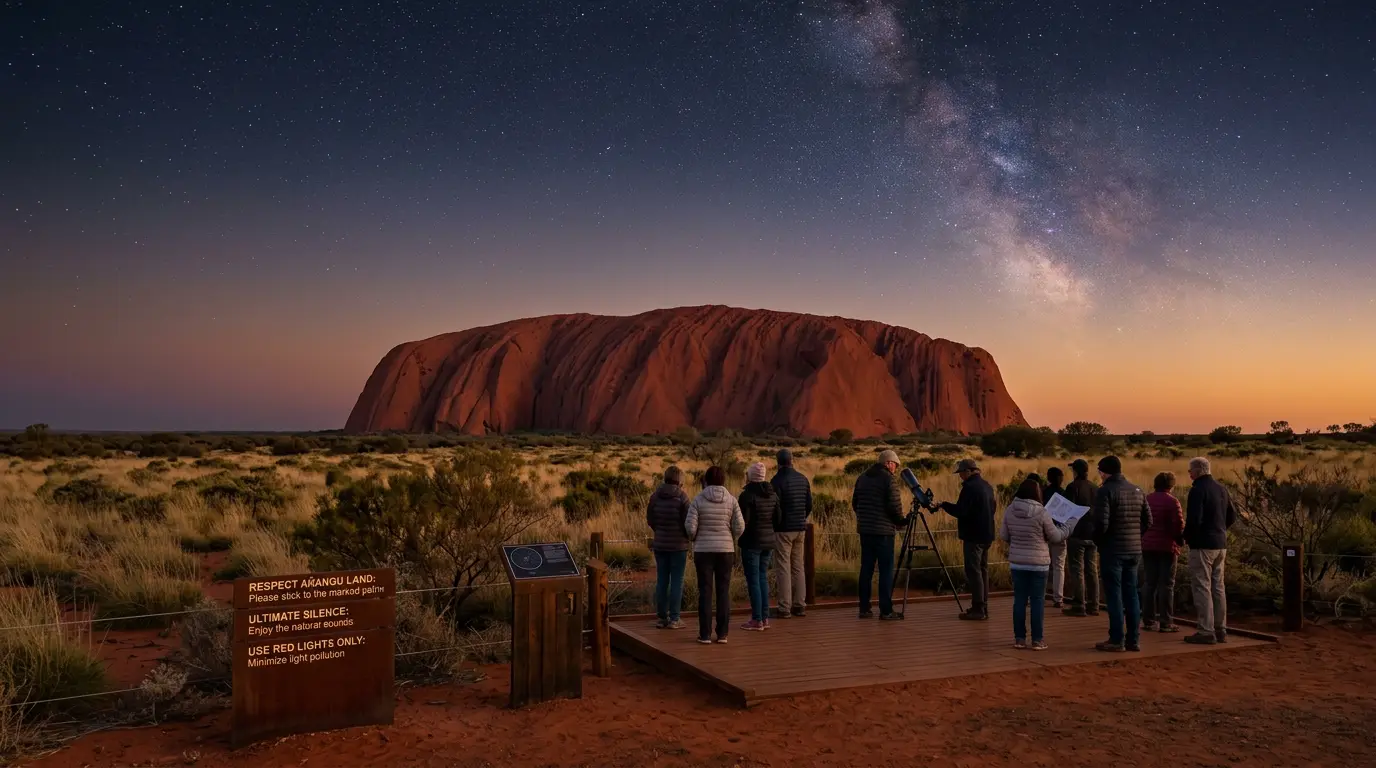 Wide, respectful photograph of Uluru glowing red at dusk under a star-filled sky on Anangu land, capturing Uluru's cultural significance and the visitor etiquette every stargazer should know