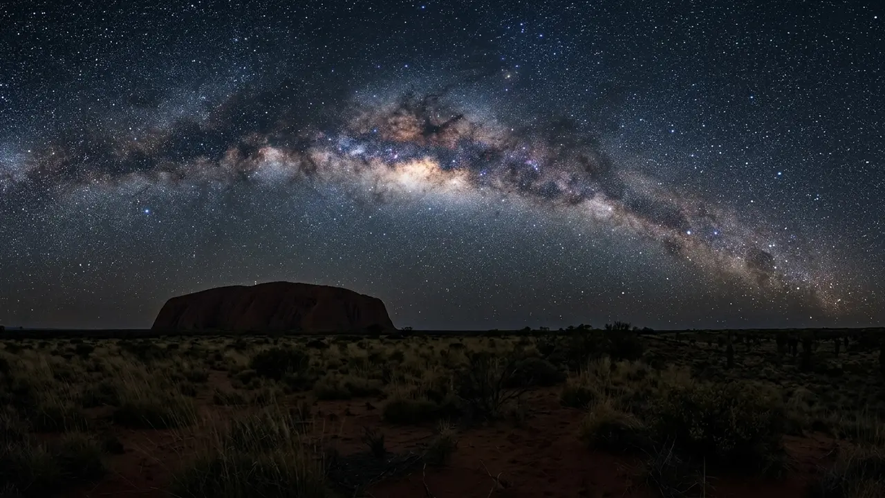 Uluru dark sky explained in one frame: the rock silhouetted under a star-dense Milky Way, with empty desert stretching to the horizon and no city light dome in sight